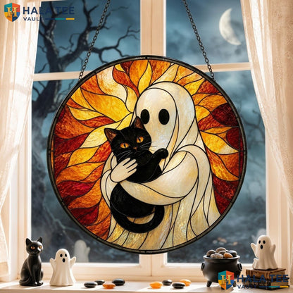 Ghostly Figure Halloween Stained Glass Suncatcher Whimsical Black Cat Window