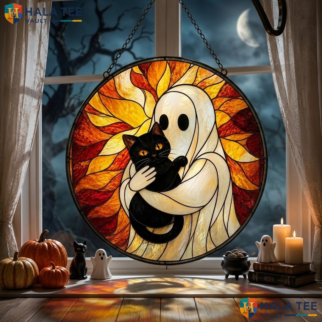 Ghostly Figure Halloween Stained Glass Suncatcher Whimsical Black Cat Window Adult
