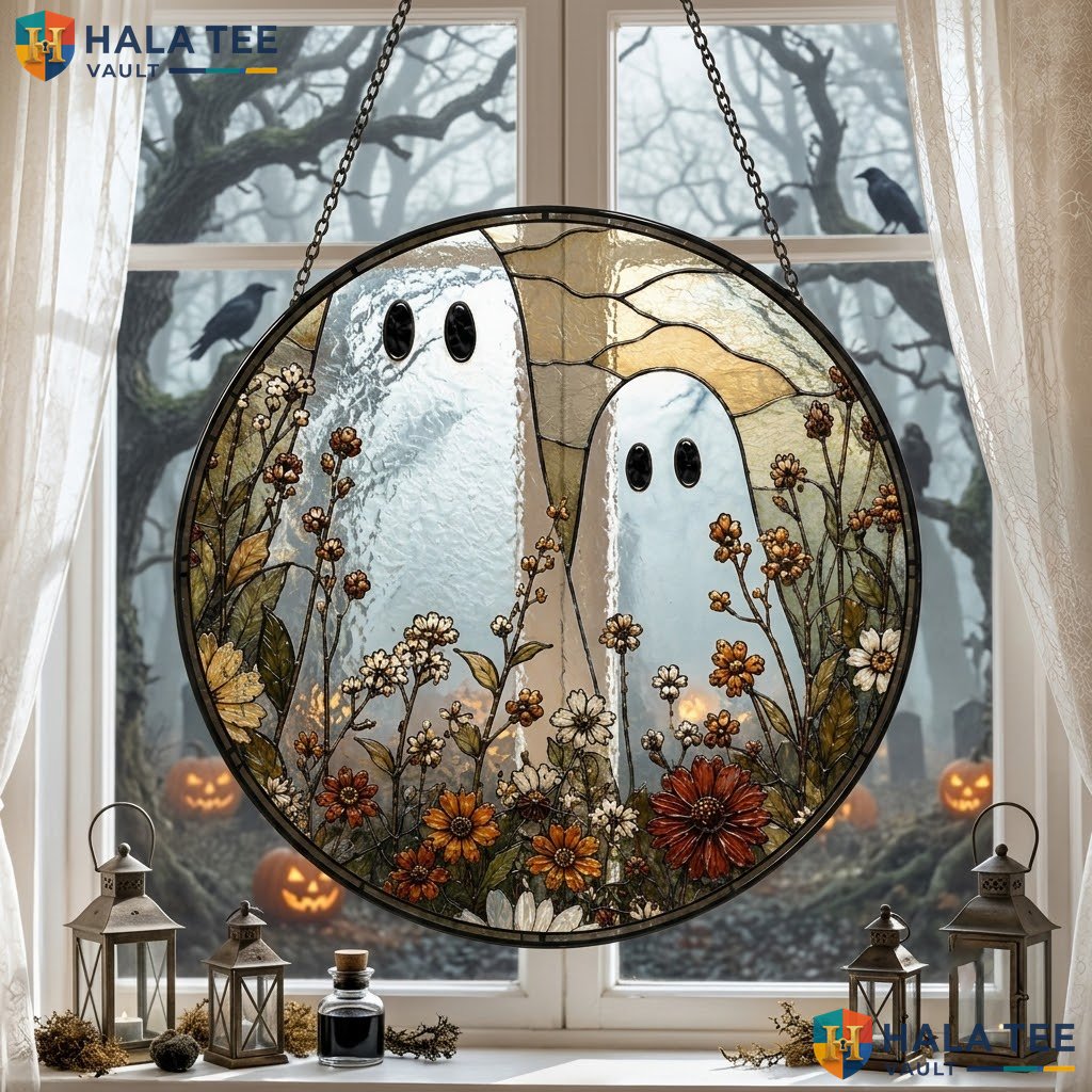 Ghostly Figures Halloween Stained Glass Suncatcher Spooky Floral Window Accent