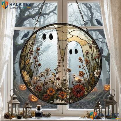 Ghostly Figures Halloween Stained Glass Suncatcher Spooky Floral Window Accent