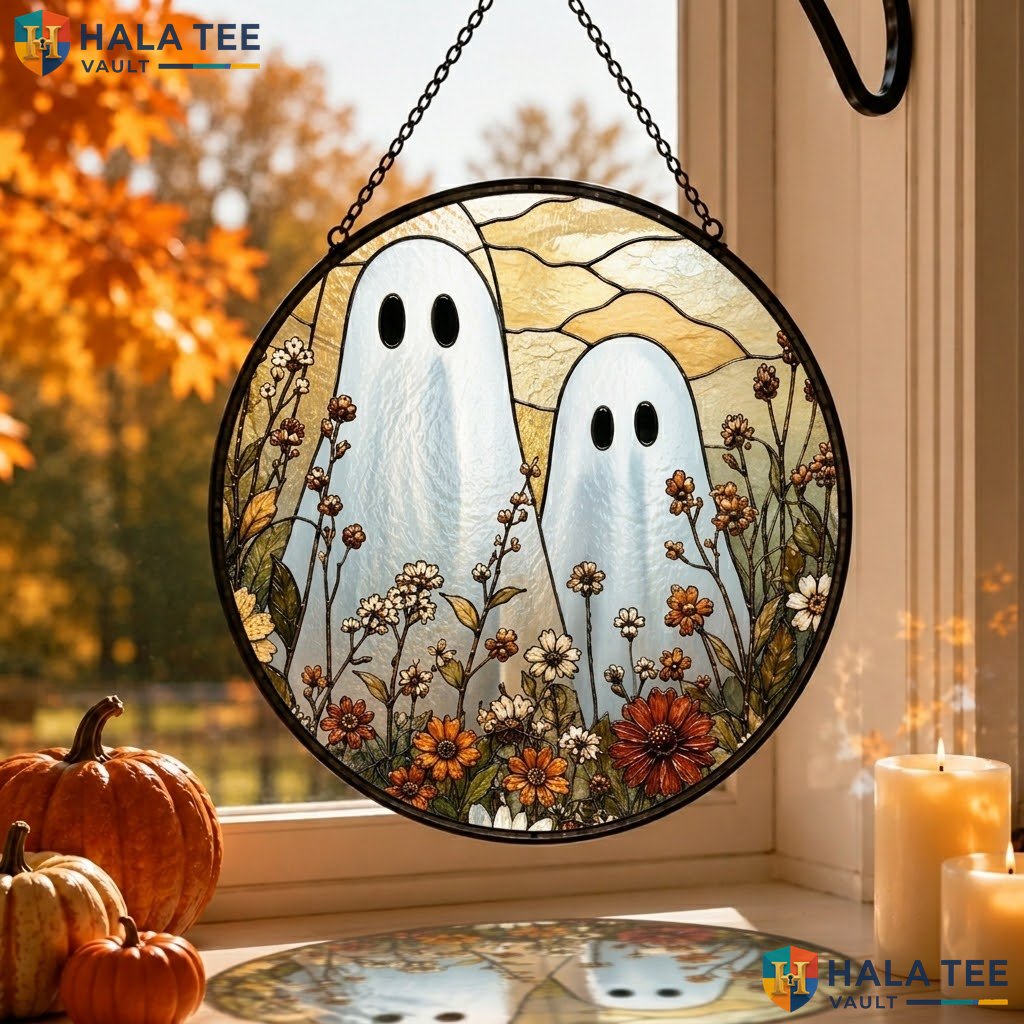 Ghostly Figures Halloween Stained Glass Suncatcher Spooky Floral Window Accent Adult