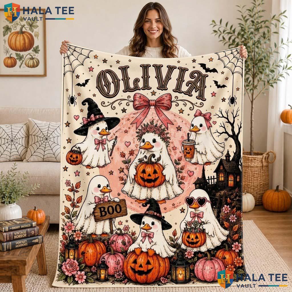 Ghostly Geese Halloween Blanket Custom Name Cute Spooky Fleece Throw