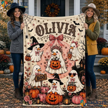 Ghostly Geese Halloween Blanket Custom Name Cute Spooky Fleece Throw