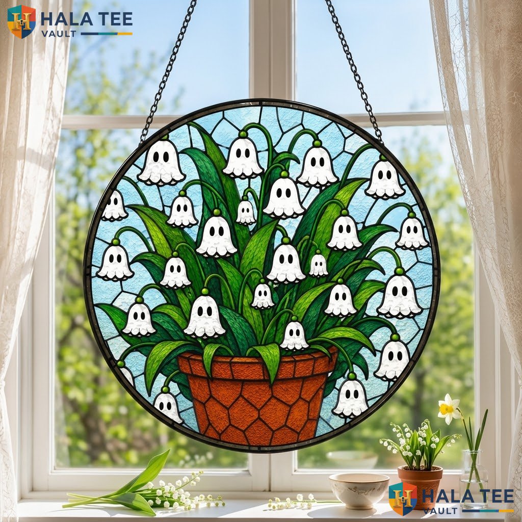 Ghostly Lilies Halloween Stained Glass Suncatcher Whimsical Expressive Eyes