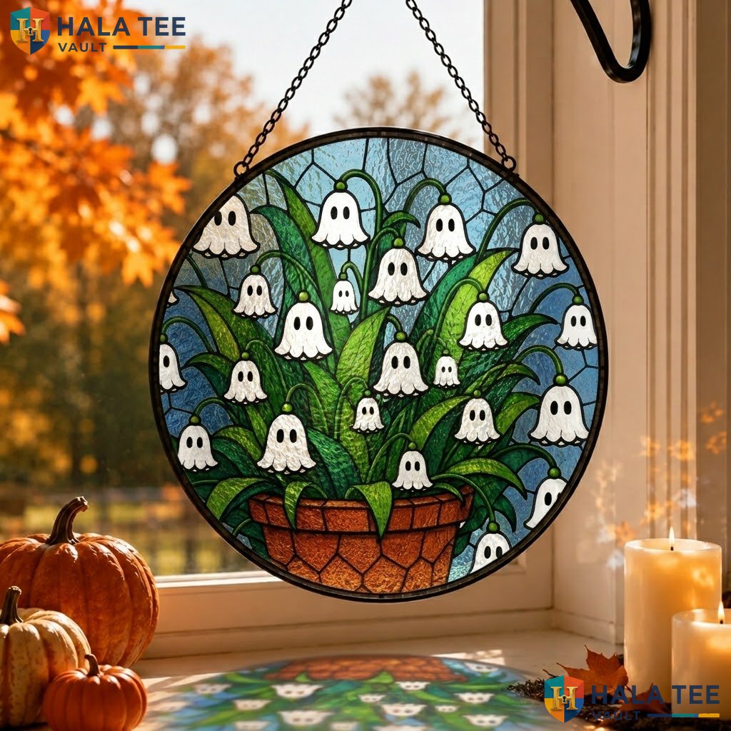 Ghostly Lilies Halloween Stained Glass Suncatcher Whimsical Expressive Eyes Adult