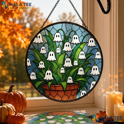 Ghostly Lilies Halloween Stained Glass Suncatcher Whimsical Expressive Eyes Adult