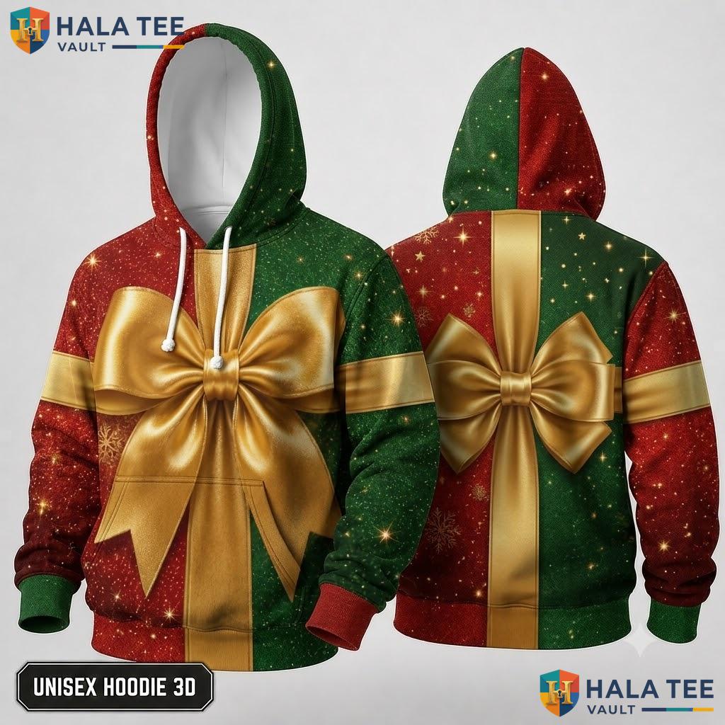 Gift Wrap Red Green Bow Vibrant Christmas 3D Hoodie Holiday Outfit