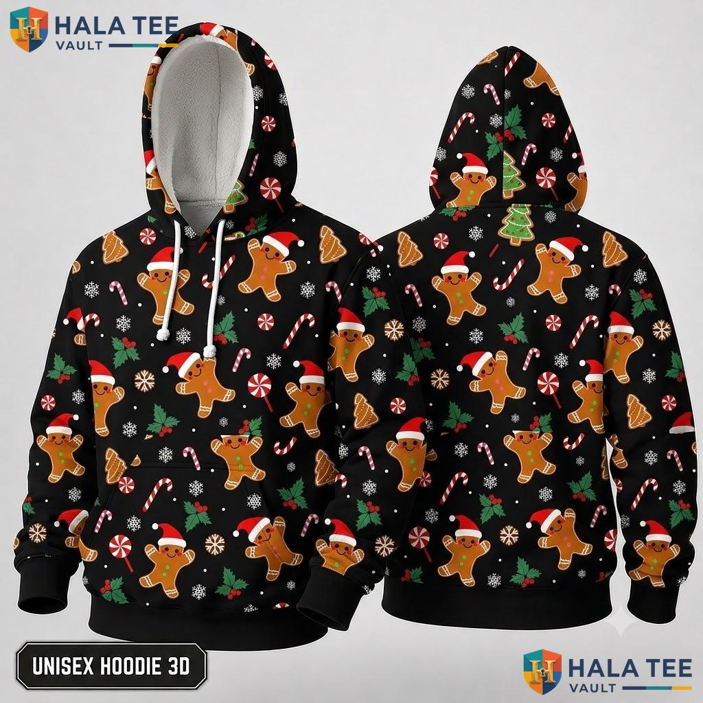 Gingerbread Men Black Whimsical Xmas 3D Hoodie Festive Boys Top