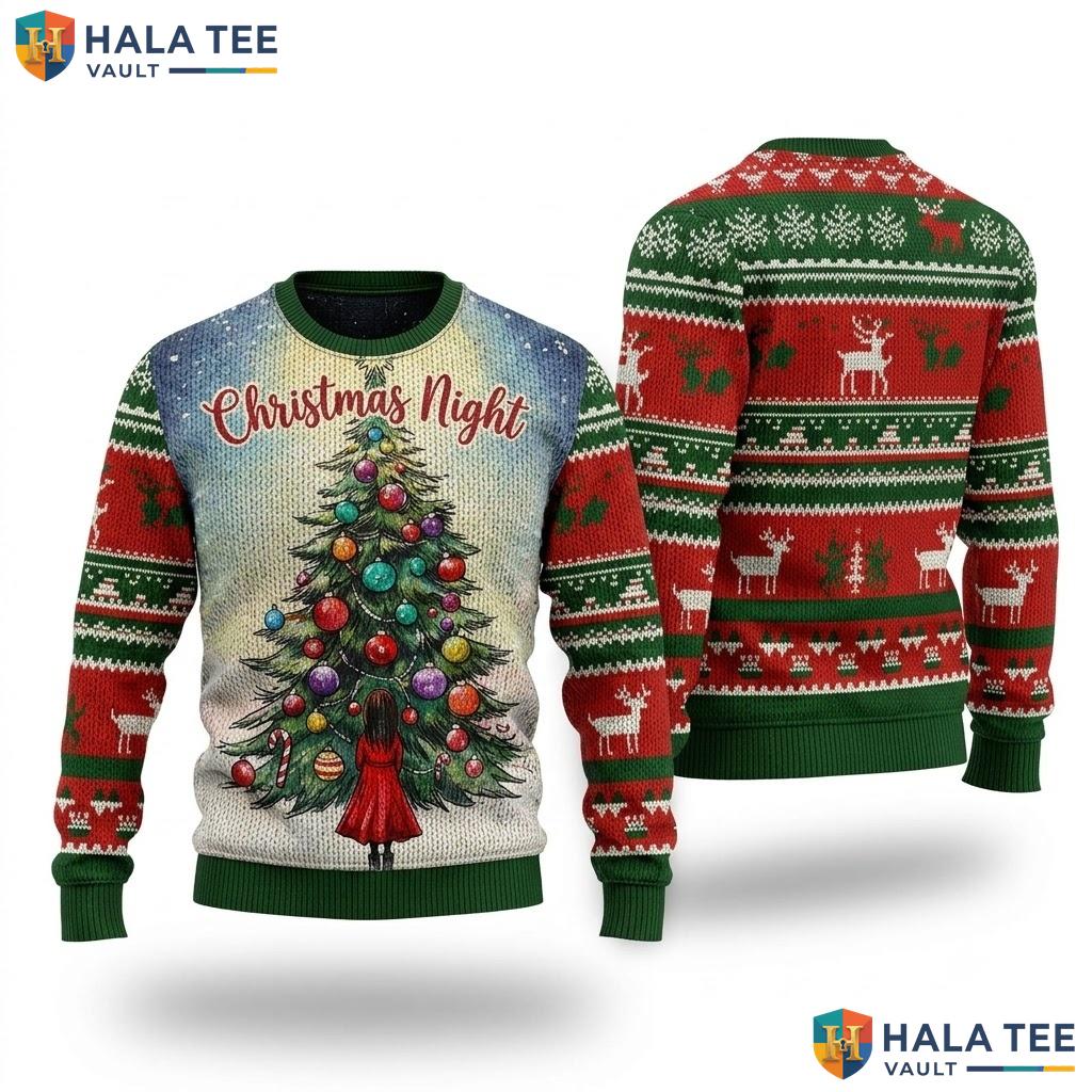 Girl Red Dress Colorful Tree Christmas Sweater Vintage Holiday Apparel