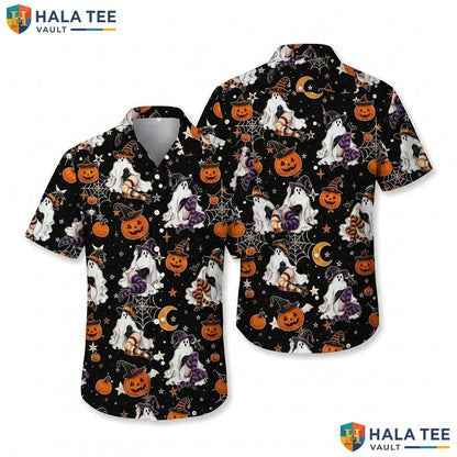 Glam Ghost Halloween Hawaiian Shirt Witchy Pumpkin Web Button Up