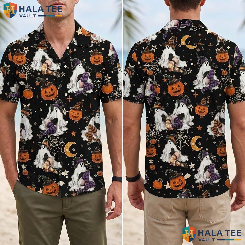 Glam Ghost Halloween Hawaiian Shirt Witchy Pumpkin Web Button Up Adult