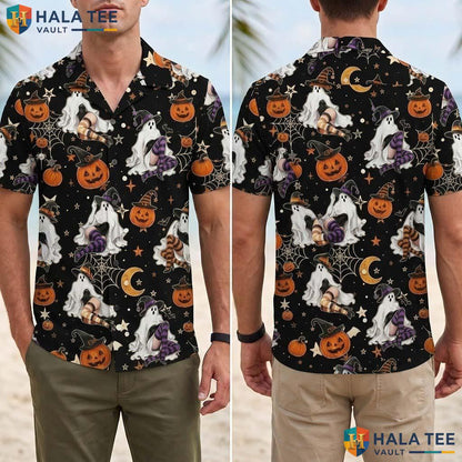 Glam Ghost Halloween Hawaiian Shirt Witchy Pumpkin Web Button Up Adult