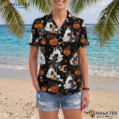 Glam Ghost Halloween Hawaiian Shirt Witchy Pumpkin Web Button Up Adult