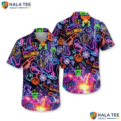 Glow Dark Halloween Hawaiian Shirt Spooky Neon Tropical Party Aloha
