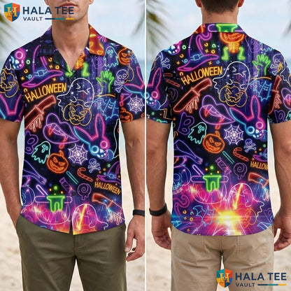 Glow Dark Halloween Hawaiian Shirt Spooky Neon Tropical Party Aloha Adult