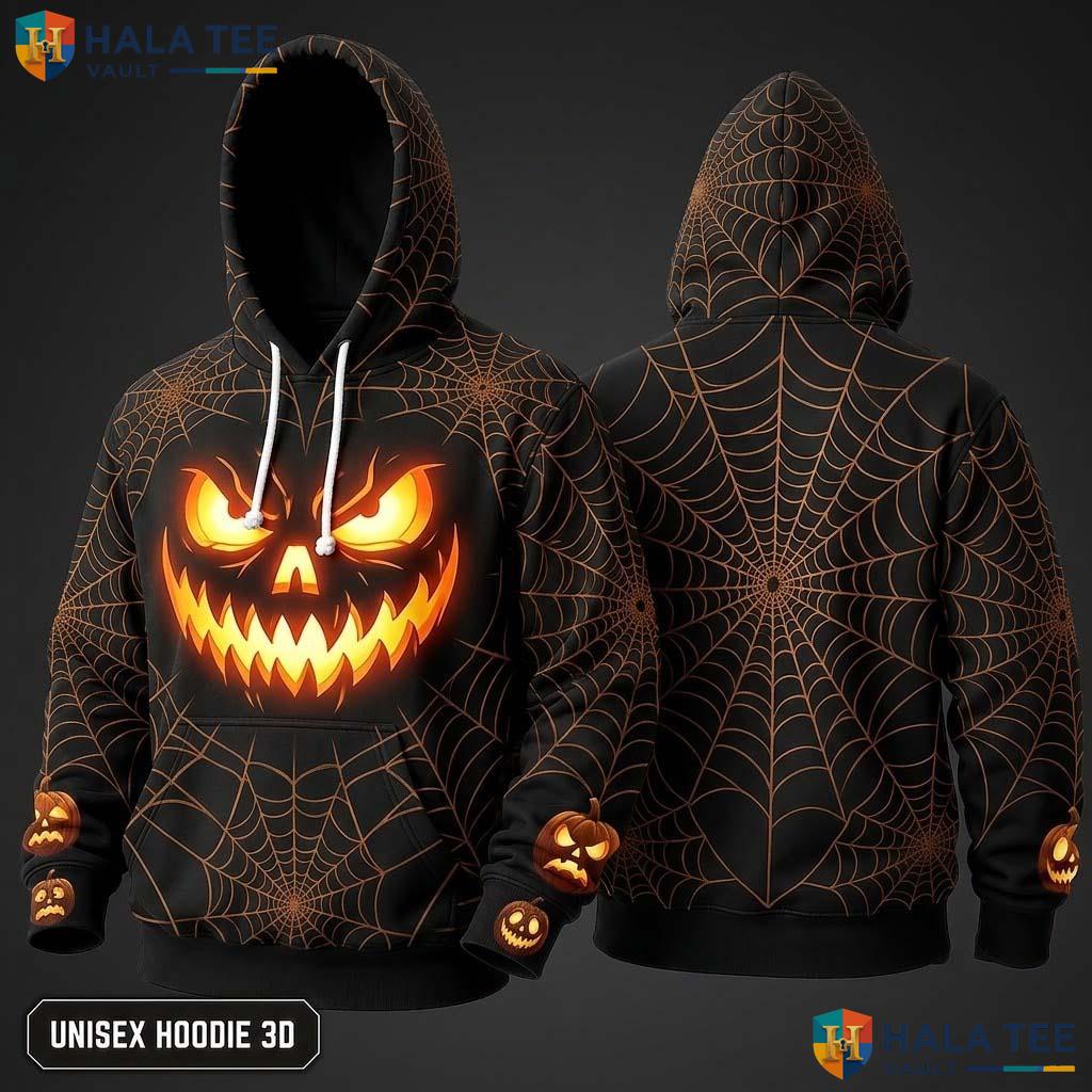 Glowing Eye Black Pumpkin 3D Hoodie Spooky Graphic Halloween Apparel