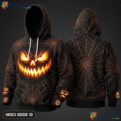 Glowing Eye Black Pumpkin 3D Hoodie Spooky Graphic Halloween Apparel
