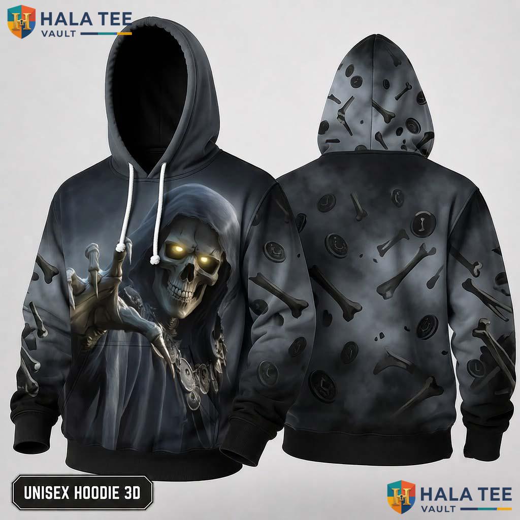 Glowing Eye Bone Reaper 3D Hoodie Vintage Skull Graphic Casual Apparel