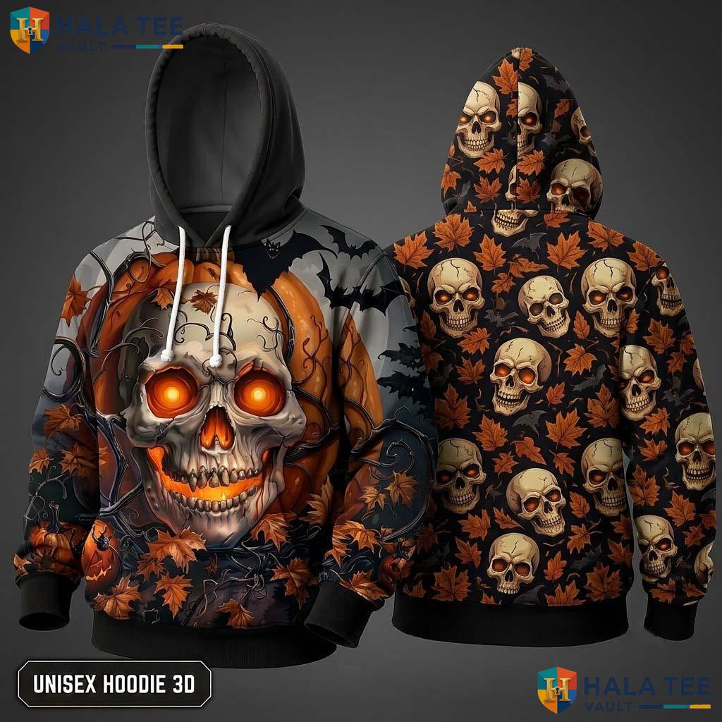 Glowing Eye Spooky Skull 3D Hoodie Pumpkin Graphic Halloween Apparel