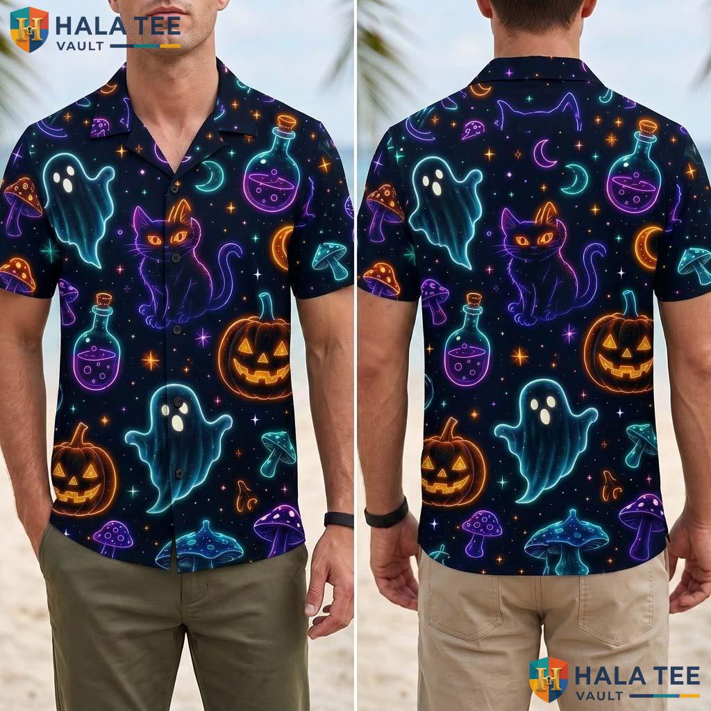 Glowing Ghost Halloween Hawaiian Shirt Neon Pumpkin Black Cat Aloha Adult