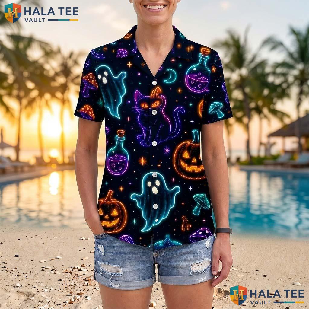 Glowing Ghost Halloween Hawaiian Shirt Neon Pumpkin Black Cat Aloha Adult