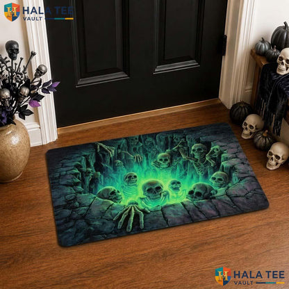 Glowing Skull Pit Halloween Front door mat 3D Skeleton Graveyard Illusion