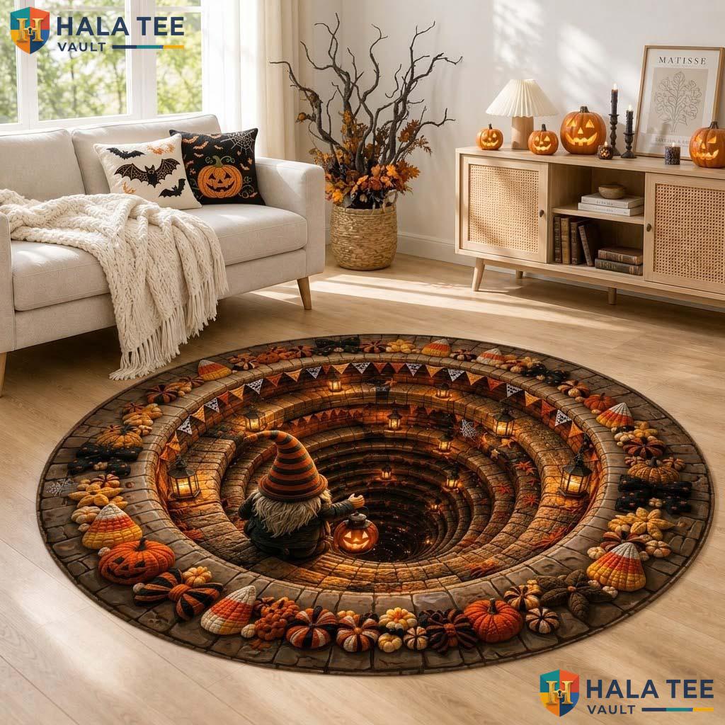 Gnome Spiral Halloween Round Area Rug 3D Spooky Pit Optical Illusion