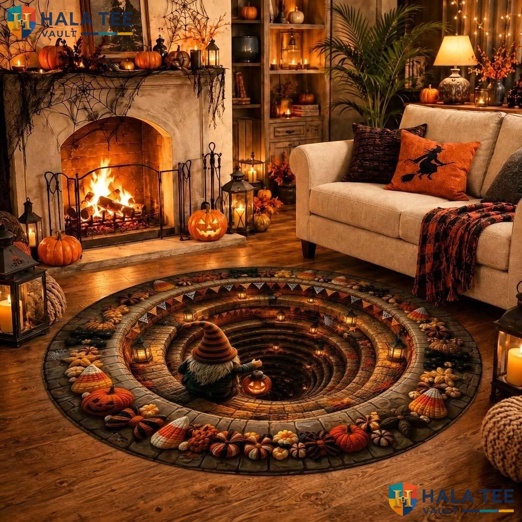 Gnome Spiral Halloween Round Area Rug 3D Spooky Pit Optical Illusion Adult
