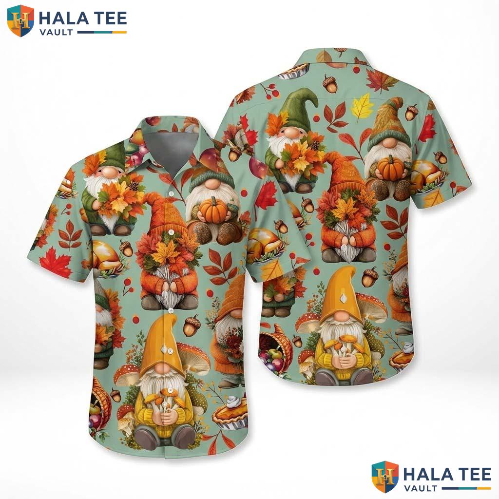 Gnomes Turkey Thanksgiving Hawaiian Shirt Fall Leaves Pumpkin Apparel