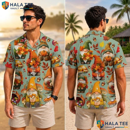 Gnomes Turkey Thanksgiving Tropical Shirt Fall Leaves Pumpkin Apparel