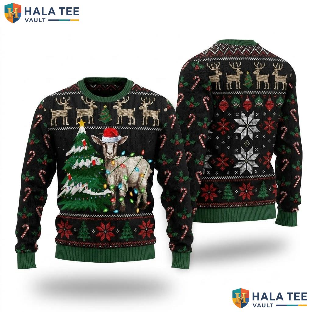 Goat Tree Lights Ugly Christmas Sweater Funny Santa Holiday Apparel