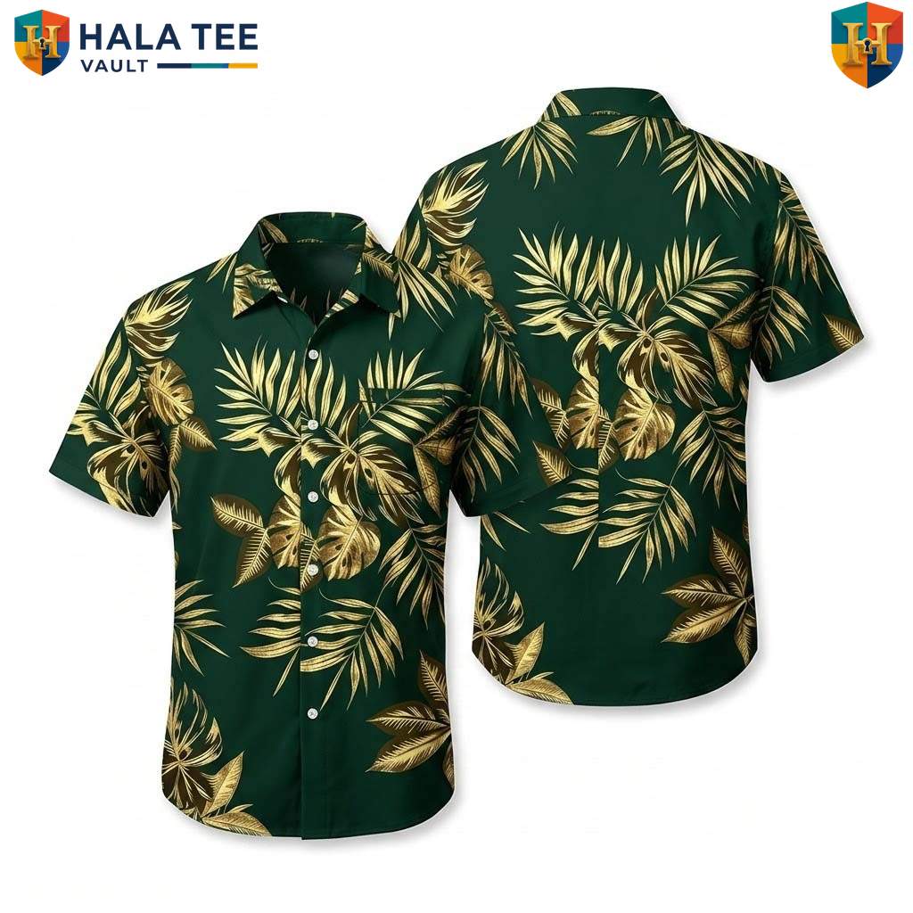 Gold Leaf Green Hawaiian Shirt Mens Tropical Casual Summer Beach Outfit