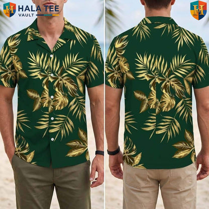 Gold Leaf Green Tropical Shirt Mens Tropical Casual Summer Beach Outfit