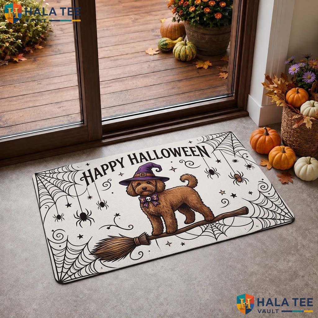Golden Doodle Fall Doormat Whimsical Witch Dog Welcome Entrance Rug Decor