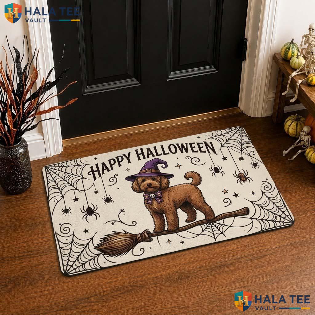 Golden Doodle Fall Front door mat Whimsical Witch Dog Welcome Entrance Rug Decor