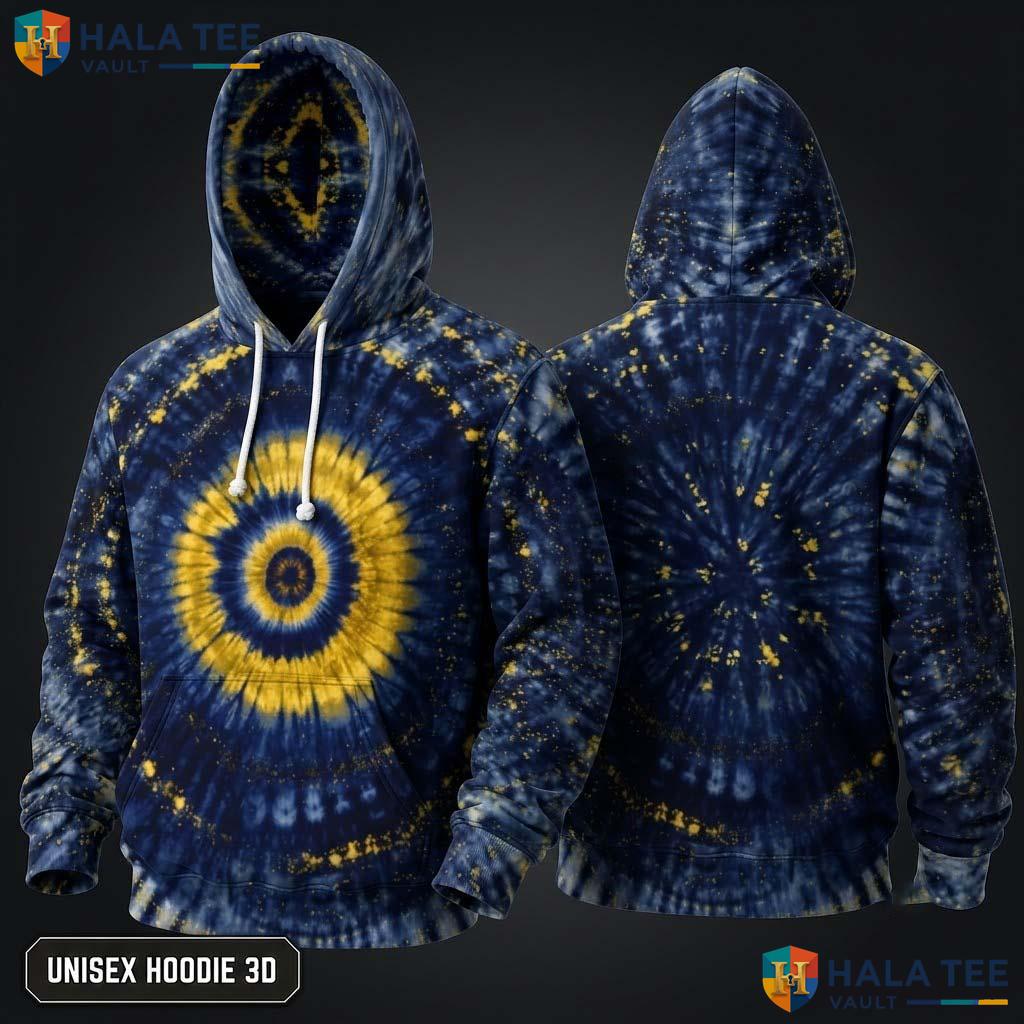 Golden Navy Tie Dye Hoodie Mens Unisex Rainbow Graphic Art Pullover Top