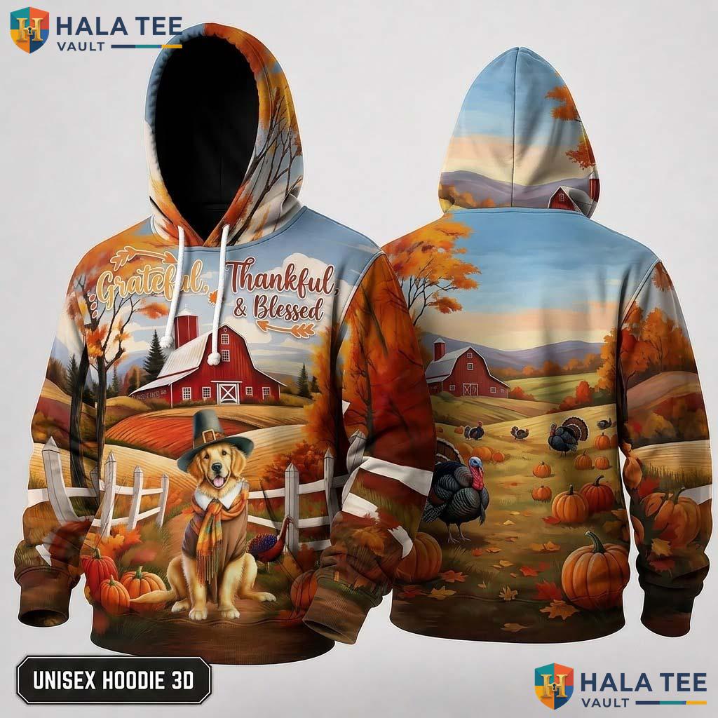 Golden Retriever Blessed Thanksgiving 3D Hoodie Grateful Thankful Fall