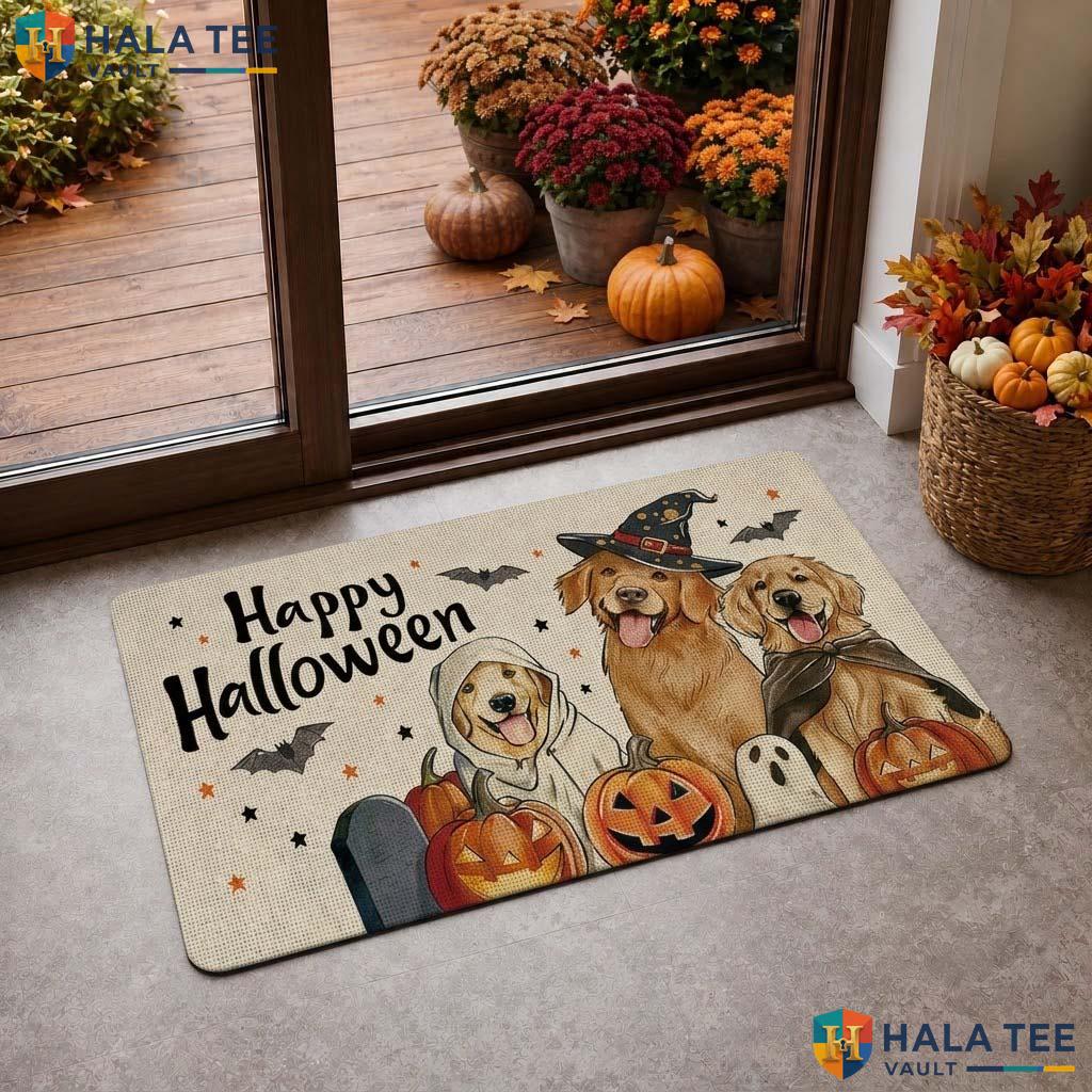 Golden Retriever Fall Doormat Funny Ghost Pumpkin Entrance Welcome Rug