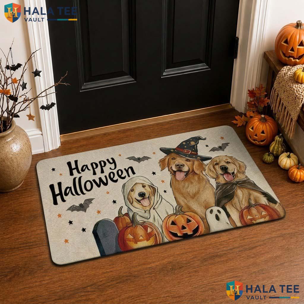 Golden Retriever Fall Front door mat Funny Ghost Pumpkin Entrance Welcome Rug