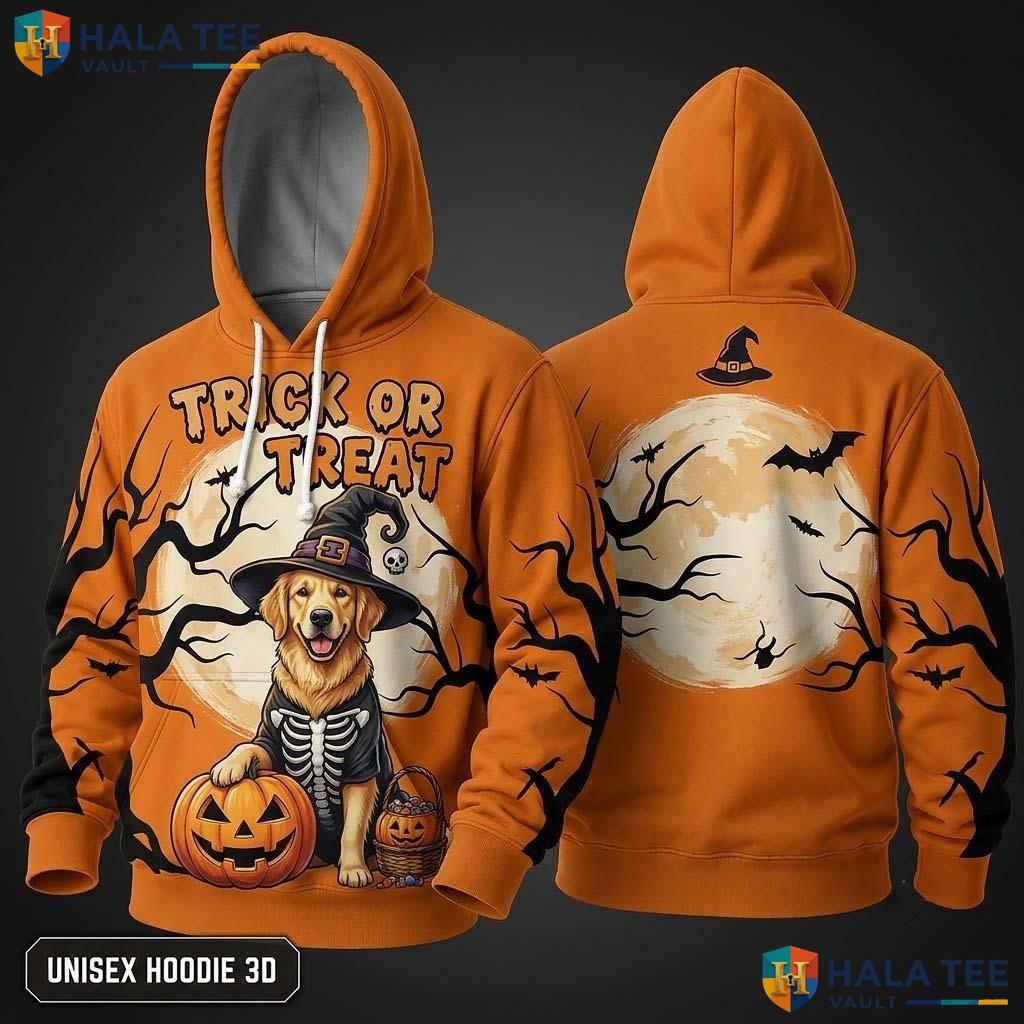 Golden Retriever Halloween 3D Hoodie Cool Trick Or Treat Pumpkin Bat