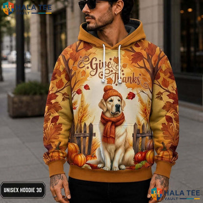 Golden Retriever Pumpkins Thanksgiving 3D Printed Hoodie Give Thanks Leaves