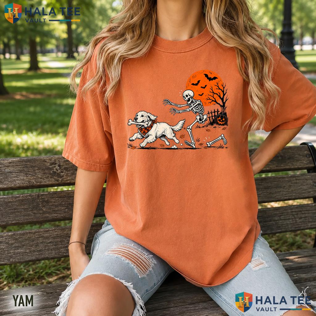 Golden Retriever Stealing Bone Retro Style T-Shirt Skeleton Graphic