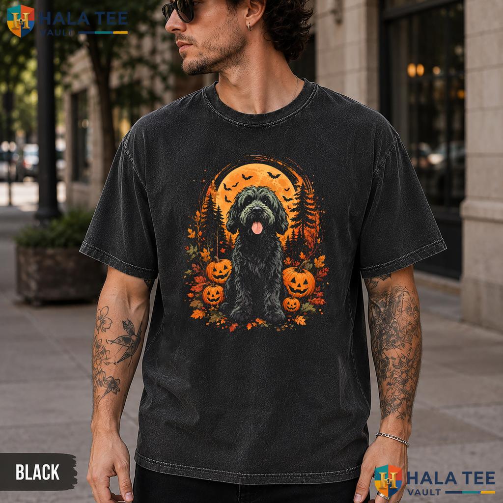 Goldendoodle Pumpkin Washed T-Shirt Spooky Halloween Dog Lover Casual Top