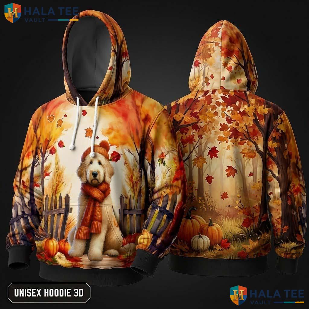 Goldendoodle Scarf Autumn Thanksgiving 3D Hoodie Cozy Dog Scene Top
