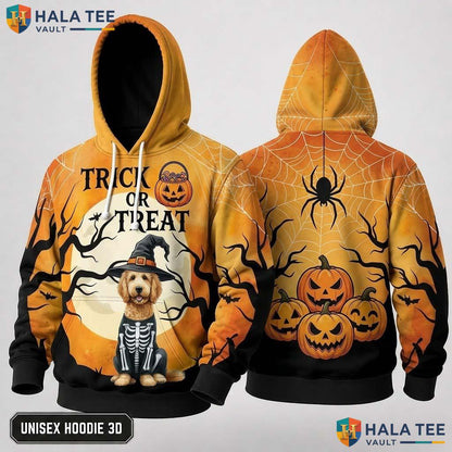 Goldendoodle Skeleton Pumpkin 3D Hoodie Cute Spooky Witch Hat Graphic