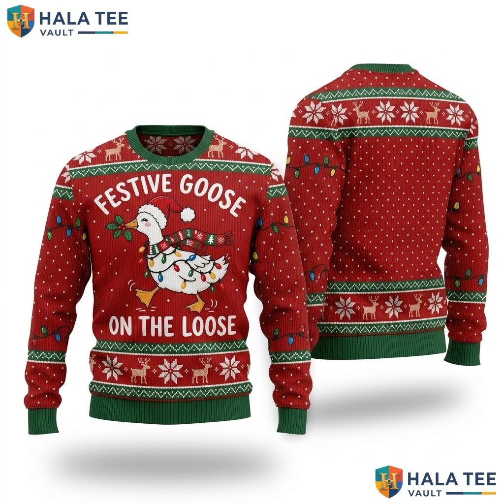 Goose Printed Lights Christmas Sweater Funny Festive Xmas Graphic Knit