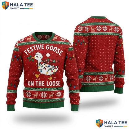 Goose Printed Lights Christmas Sweater Funny Festive Xmas Graphic Knit