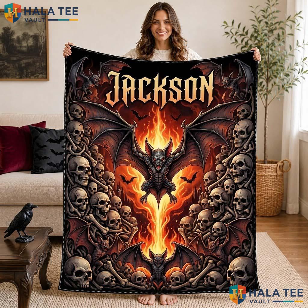Gothic Bat Halloween Blanket Custom Name Skull Flame Spooky Throw