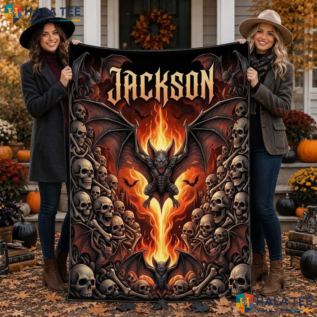 Gothic Bat Halloween Blanket Custom Name Skull Flame Spooky Throw