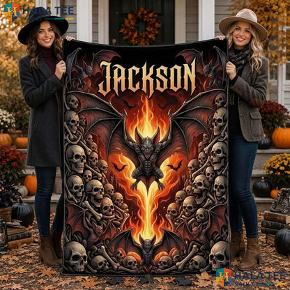 Gothic Bat Halloween Blanket Custom Name Skull Flame Spooky Throw